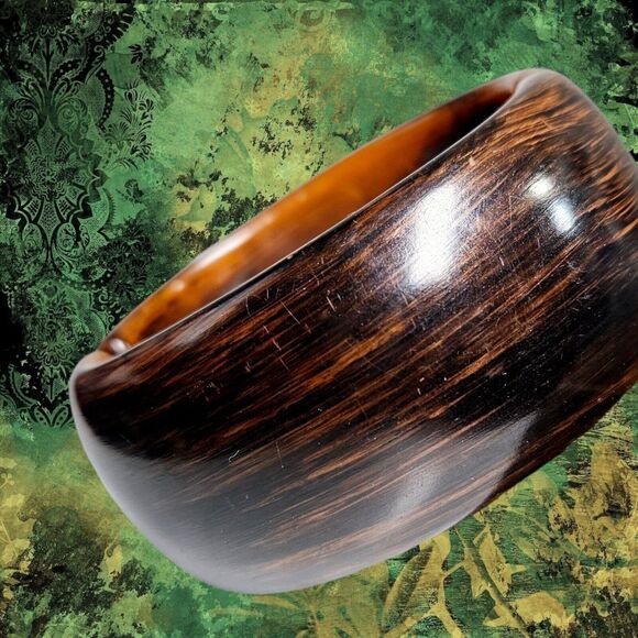 Rustic Radiance Hinged Cuff Bracelet Plastic Brown & Amber Magnetic Clasp Bangle - Picture 11 of 14